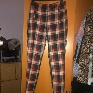 High Waisted Skinny Plaid Button Pants